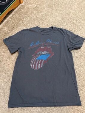 the Rolling Stones Black Tee with Red & Blue Tongue Graphic